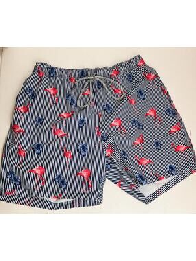 Rainforest Mens Swim Trunks, navy/white, pink flamingos, blue palm trees Small